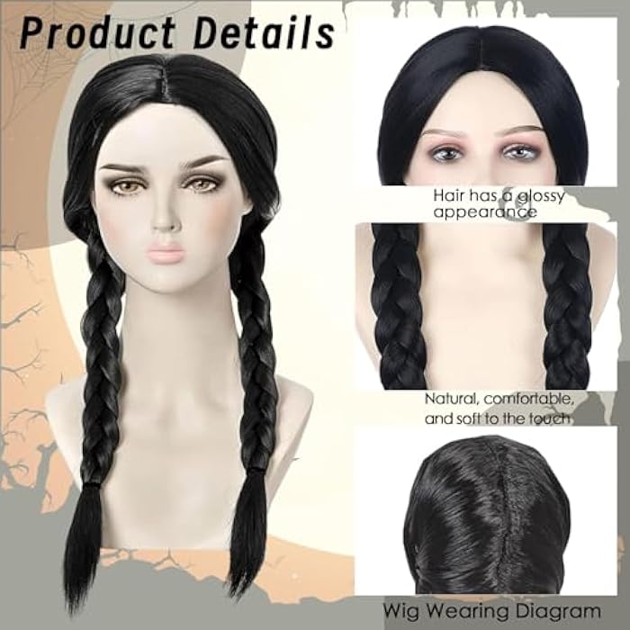 XZSKD Long Black Braided Wig, Cosplay & Party Wig, Heat Resistant Synthetic Fiber, One Size, Straight Hair - Image 3